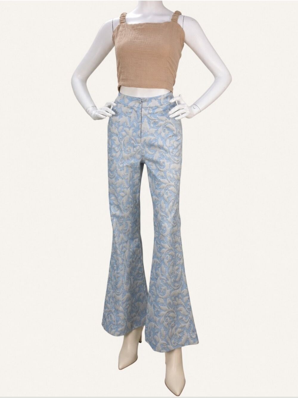 Hilary MacMillan Jacquard Fit & Flare Pants Blue Ivory Small NWT Made In Canada - Picture 1 of 12